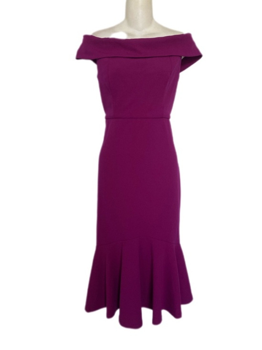 MARINA off-Shoulder Fitted Mermaid Hem Midi Dress in plum purple 8